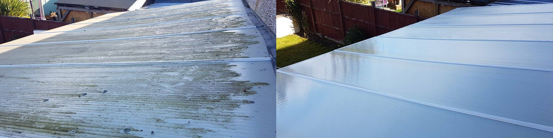 Conservatory roof before and after cleaning. Home window cleaning in Swindon.